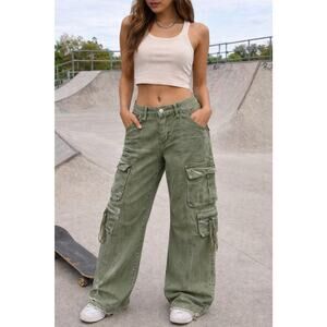 Forever 21 distressed green baggy wide leg jeans cargo pockets Sz XS Y2K Grunge